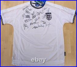 1999-00 England Home Shirt Squad Signed inc. Beckham, Owen & Adams + COA & Map