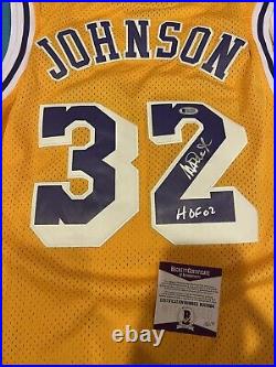 Autographed Magic Johnson Signed HOF 02 Inscription LA Lakers Jersey Beckett COA