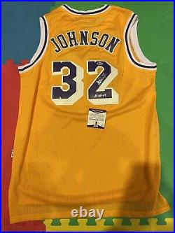Autographed Magic Johnson Signed HOF 02 Inscription LA Lakers Jersey Beckett COA