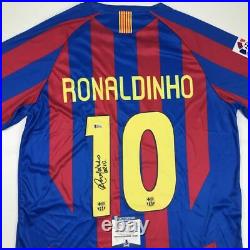 Autographed/Signed RONALDINHO FC Barcelona Blue Soccer Jersey Beckett BAS COA