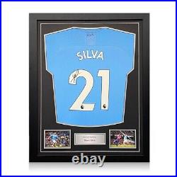 David Silva Signed Manchester City 2019-20 Home Shirt. Standard Frame