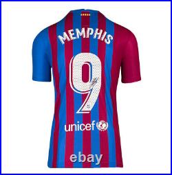 Framed Memphis Depay Signed Barcelona Shirt Home, 2021-2022, Number 9 Panora