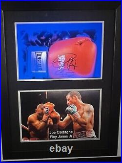 Framed Signed Joe Calzaghe & Roy Jones Jnr Boxing glove in light up frame