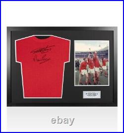 Framed Sir Geoff Hurst & Martin Peters Signed England T-Shirt Red Panoramic