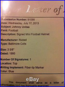 Johnny Unitas Signed Colts Mini Helmet JSA LOA & HOLO (HOF, SB V & 58' Champs)