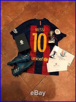 Messi Match Worn Shirt & Worn Signed Boots Supercopa 2016 & Players Trophy