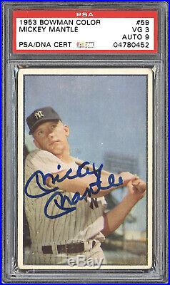 Signed 1953 Bowman Color #59 Mickey Mantle (HOF) PSA/DNA MINT 9 Autograph