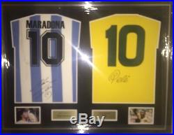 Signed Framed Retro Argentina & Brazil Dual Shirts By Diego Maradona & Pele