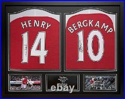 Thierry Henry & Dennis Bergkamp 2 Framed Signed Arsenal Football Shirts & Proof