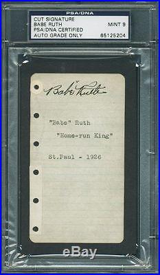 Yankees Babe Ruth Signed 2.5x4.25 Cut with Graded Mint 9 Autograph! PSA Slabbed